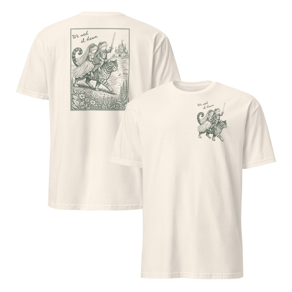 Medieval frog engagement tee in natural with fantasy couple design