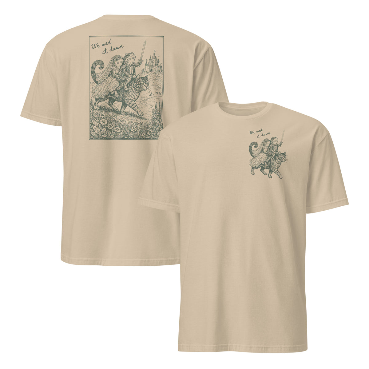 Medieval Frog Engagement Shirt in sand with whimsical engagement frog artwork