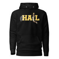 Close-up of Michigan basketball hoodie dunk graphic in maize and white