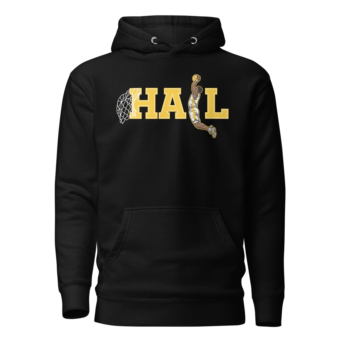 Close-up of Michigan basketball hoodie dunk graphic in maize and white