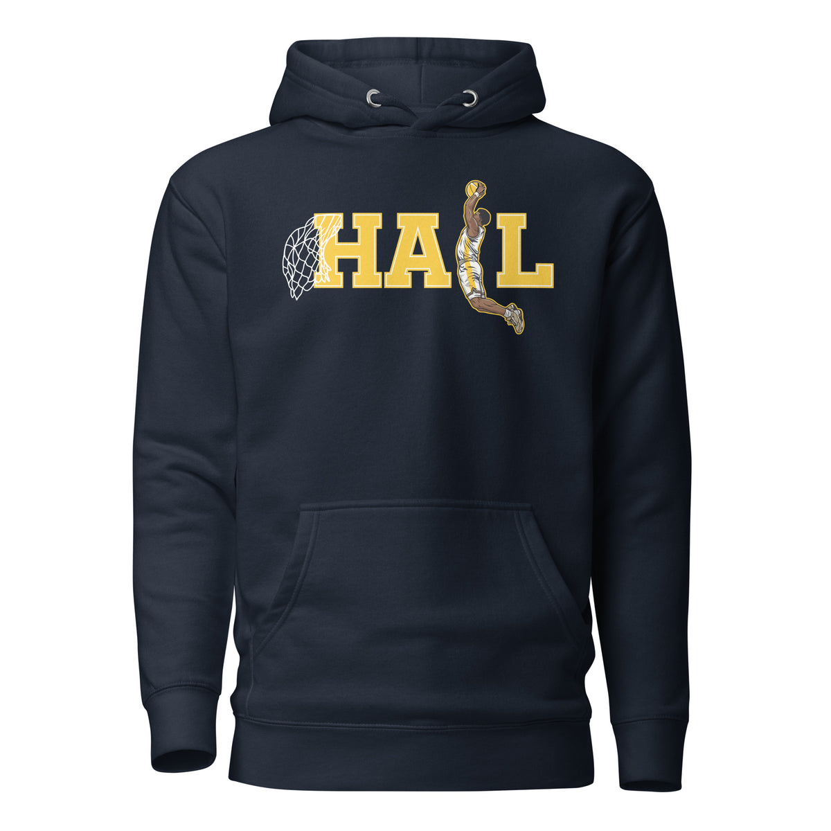 Michigan Wolverines dunk hoodie front view in navy with basketball graphic
