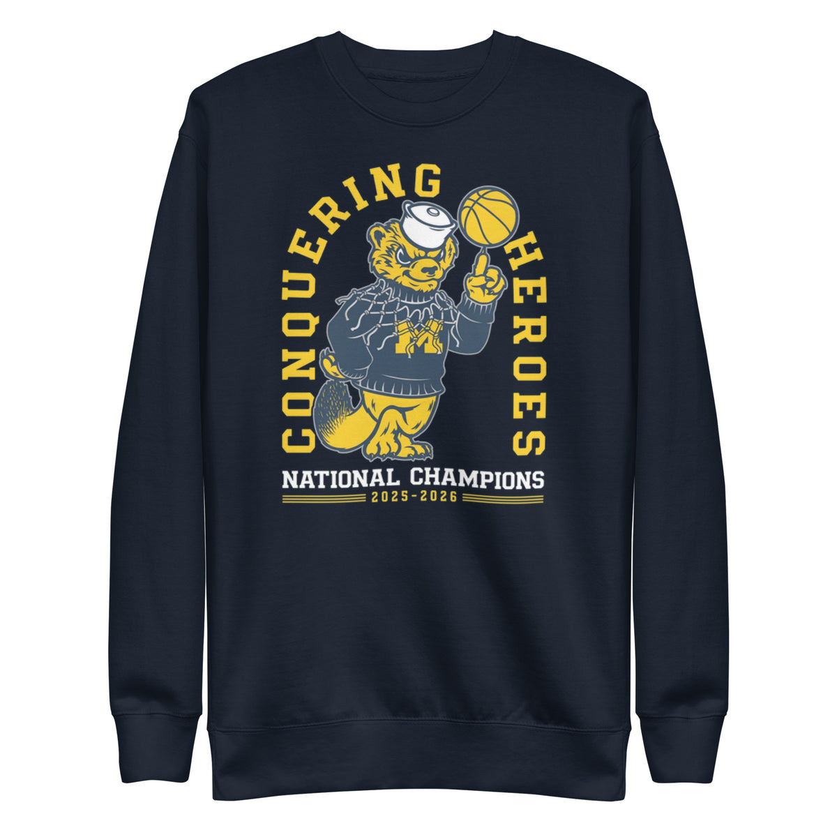 Close-up of Michigan Wolverines Conquering Heroes basketball national champions sweatshirt design