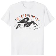 Minnesota Loon Resist T Shirt featuring black and white loon artwork with red text.