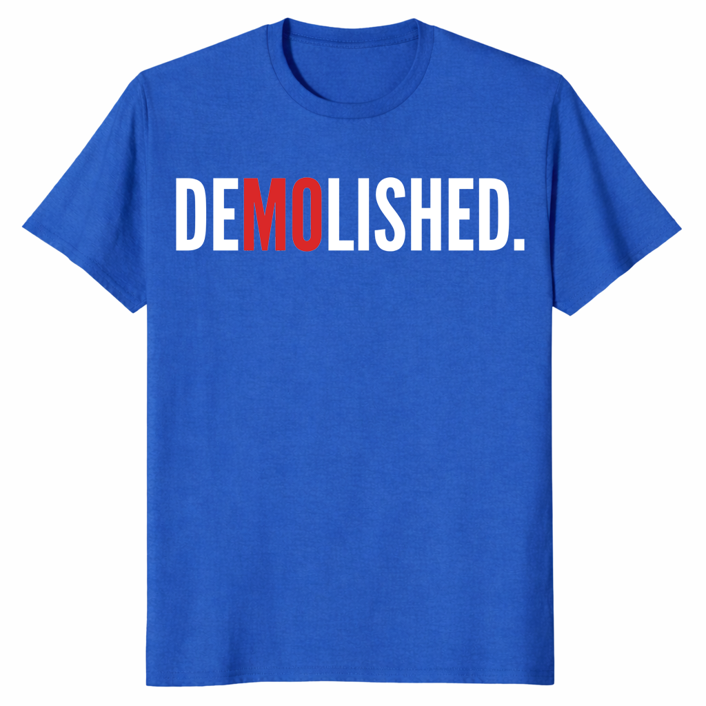 blue Mo Baller baseball fan shirt with Demolished graphic
