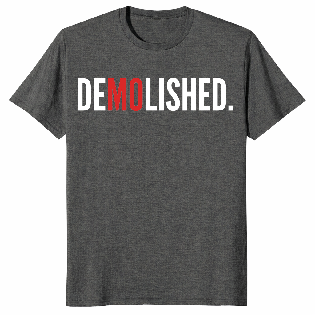 Dark heather Mo Baller baseball fan shirt with Demolished graphic
