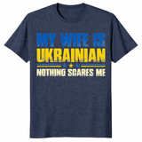 Heather Navy My Wife Is Ukrainian Nothing Scares Me shirt with a funny Ukrainian flag graphic