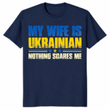 Navy My Wife Is Ukrainian Nothing Scares Me shirt with a funny Ukrainian flag graphic