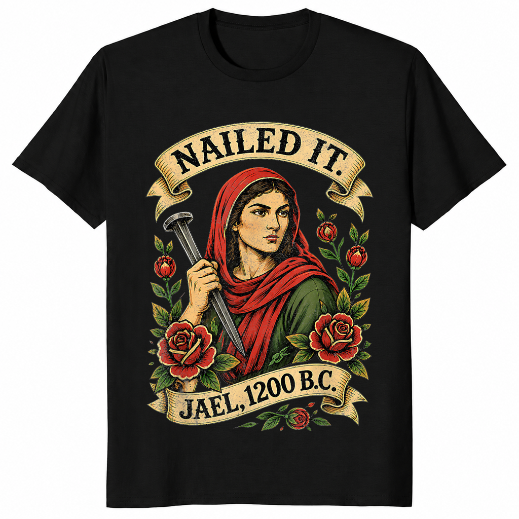 Black Nailed It Jael 1200 BC shirt with a funny Bible strong woman graphic