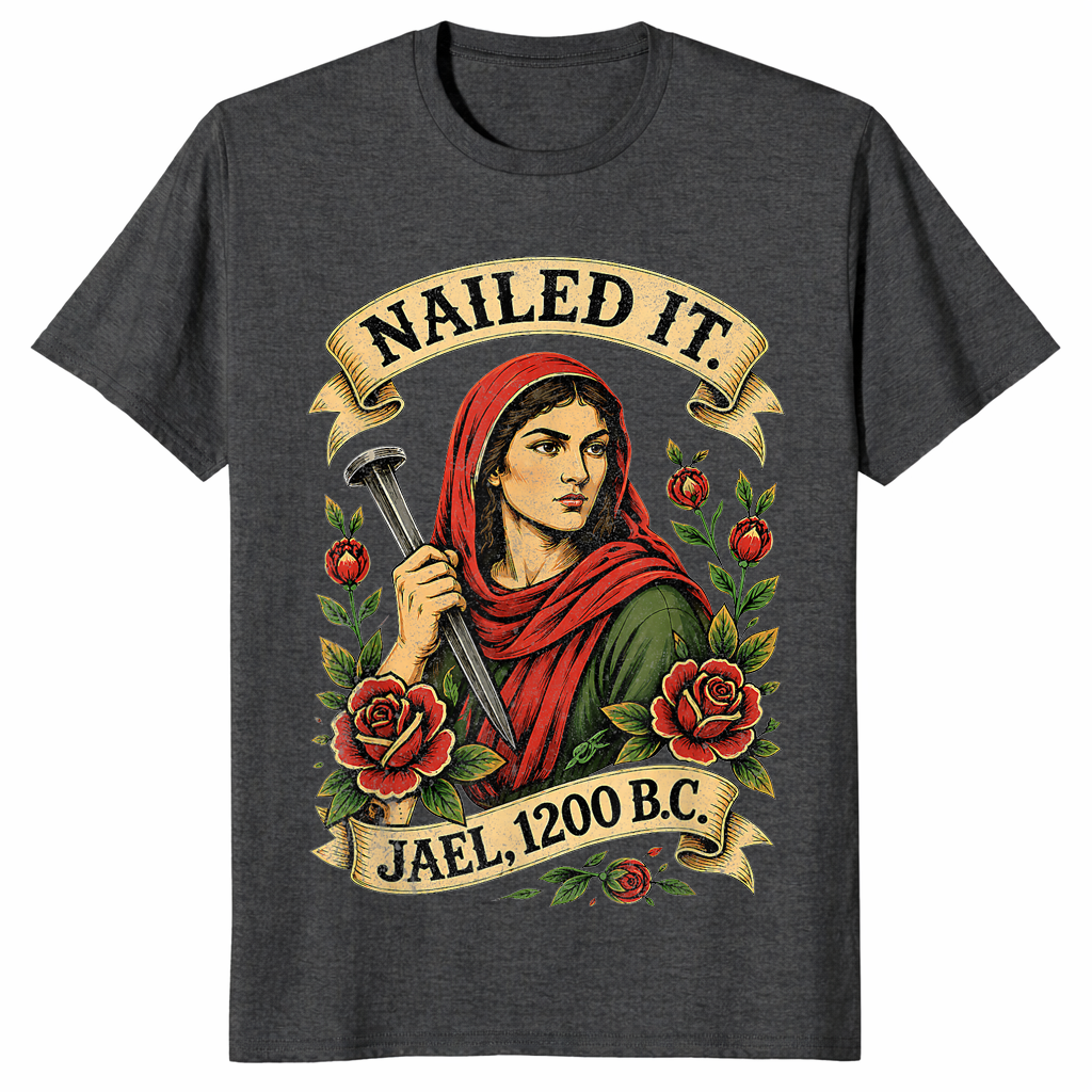 Dark Heather Grey Nailed It Jael 1200 BC shirt with a funny Bible strong woman graphic