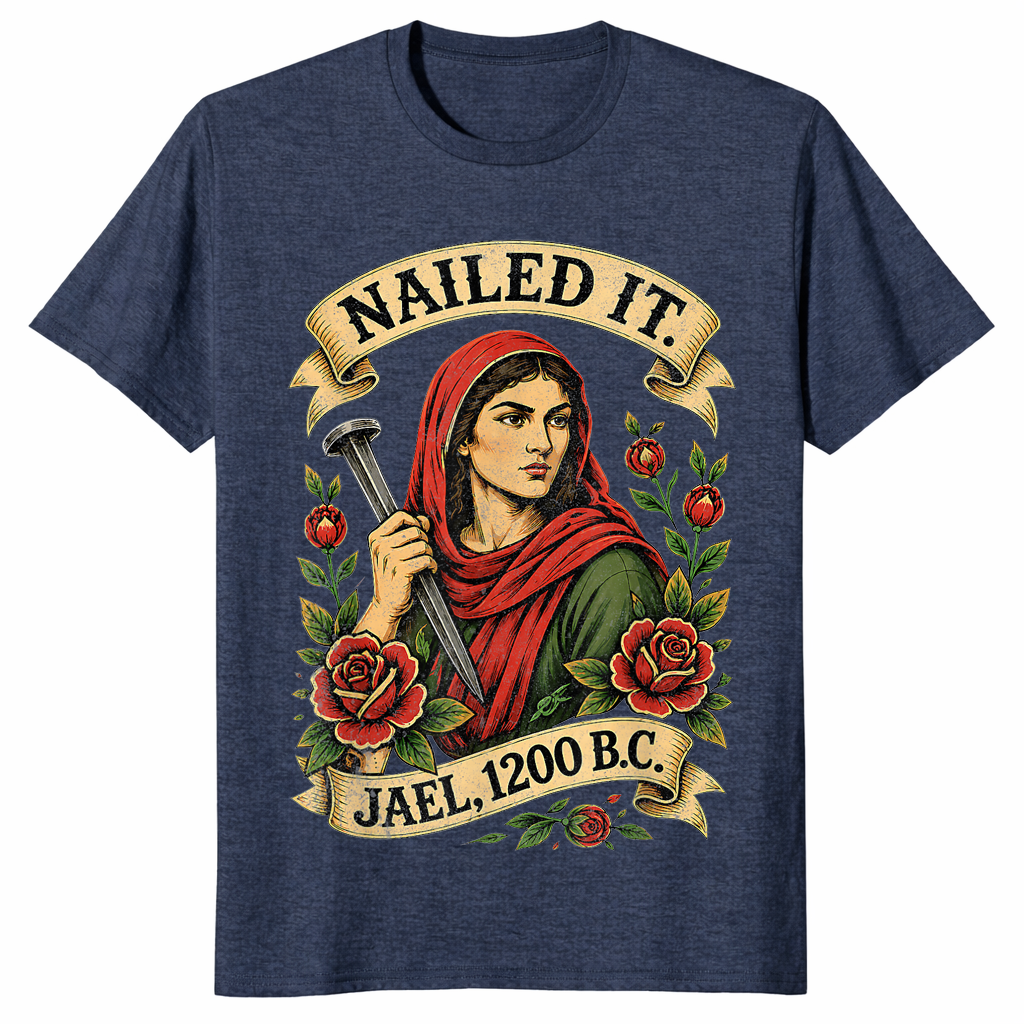 Heather Navy Nailed It Jael 1200 BC shirt with a funny Bible strong woman graphic