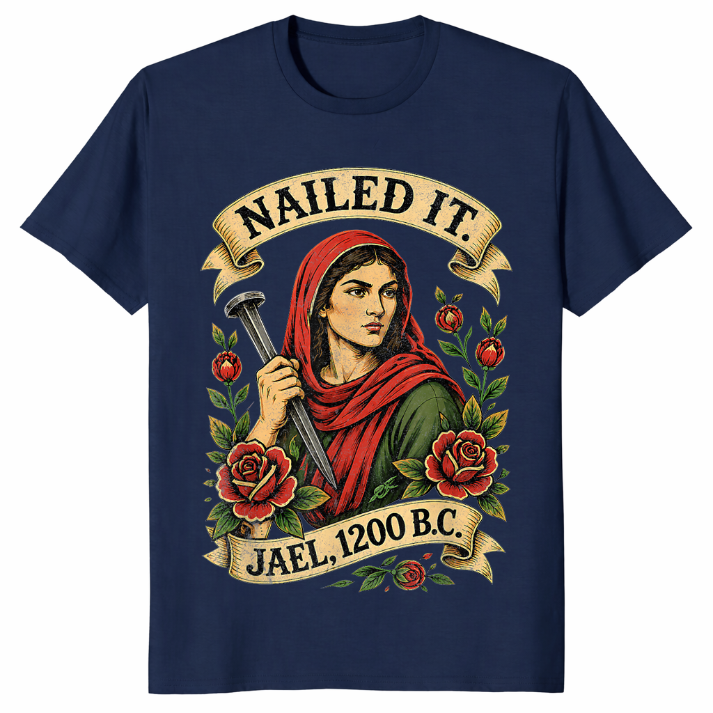 Navy Nailed It Jael 1200 BC shirt with a funny Bible strong woman graphic