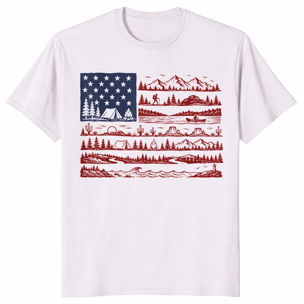 Ice Grey National Parks American Flag shirt with a mountain skyline built into the stripes