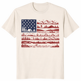 Natural National Parks American Flag shirt with a mountain skyline built into the stripes
