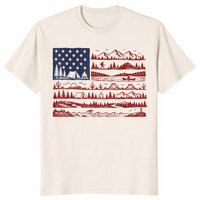 Natural National Parks American Flag shirt with a mountain skyline built into the stripes