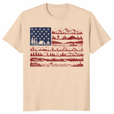 Sand National Parks American Flag shirt with a mountain skyline built into the stripes