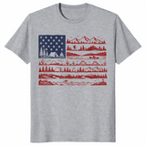 Sport Grey National Parks American Flag shirt with a mountain skyline built into the stripes