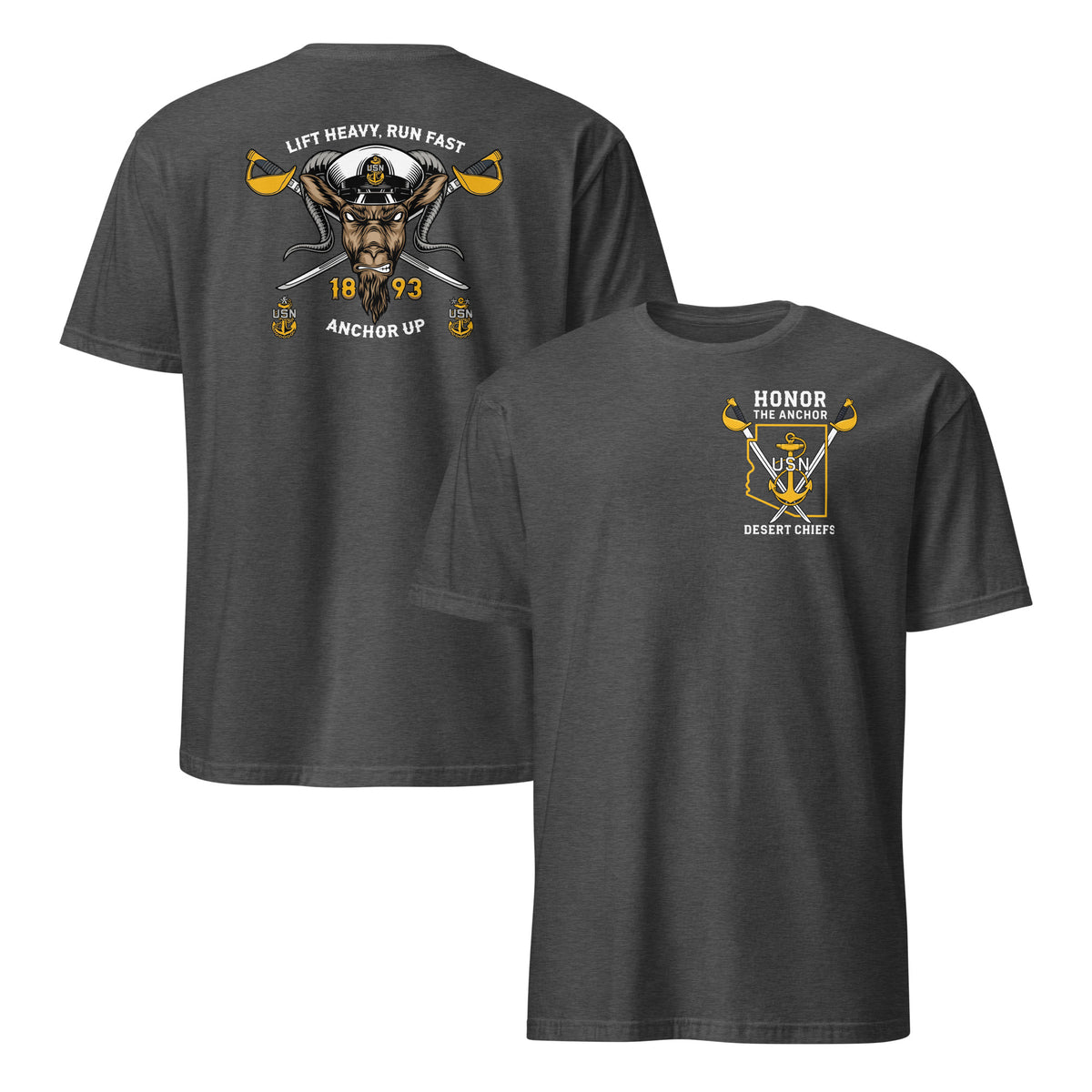 Navy Chief pride shirt in dark heather grey, Honor the Anchor USN Desert Chiefs design