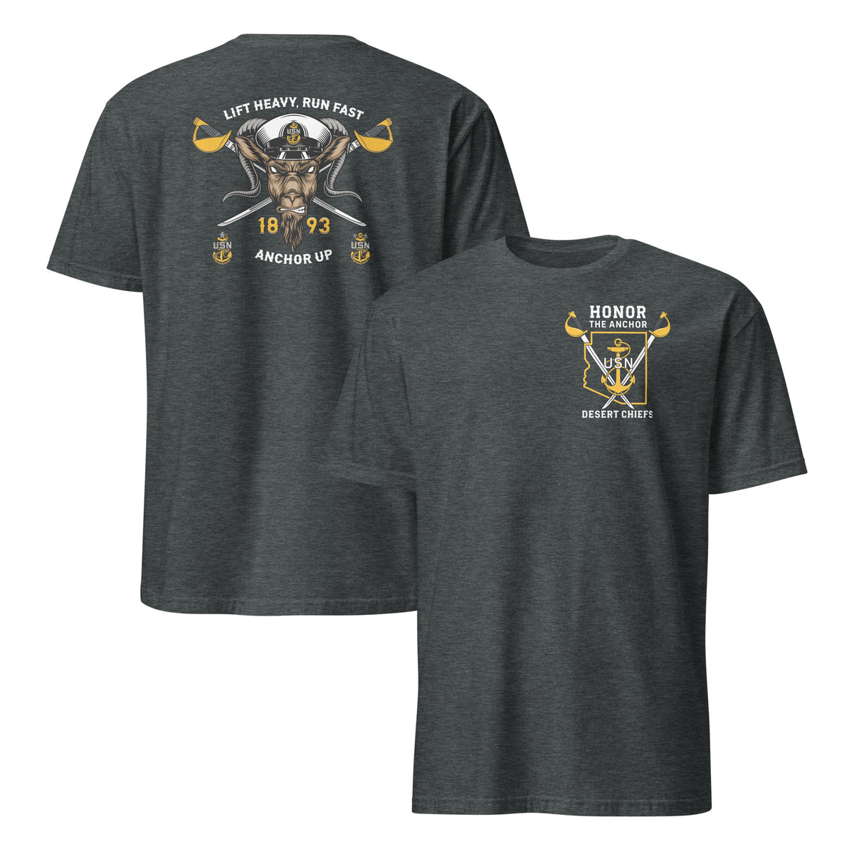 Navy Chief pride shirt in dark heather, Honor the Anchor USN Desert Chiefs design