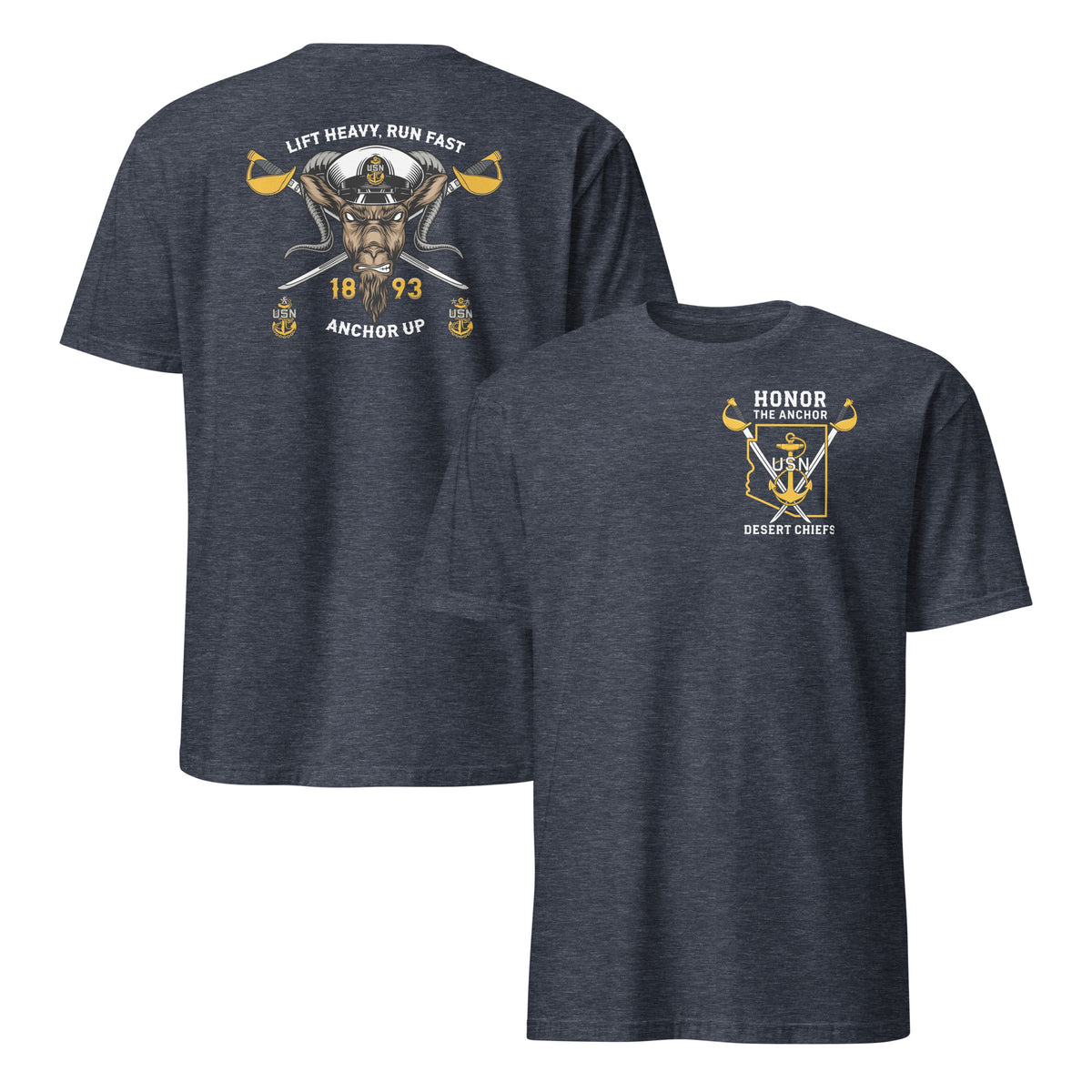 Navy Chief pride shirt in heather navy, Honor the Anchor USN Desert Chiefs design