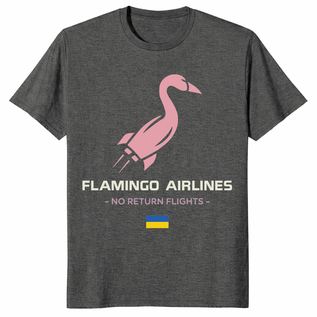 No Return Flights Flamingo Airlines tee with bold travel-inspired artwork