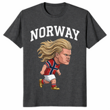 Dark Heather Grey Norway Ro shirt with a Norwegian heritage slogan graphic for men and women