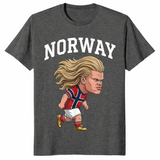 Dark Heather Norway Ro shirt with a Norwegian heritage slogan graphic for men and women