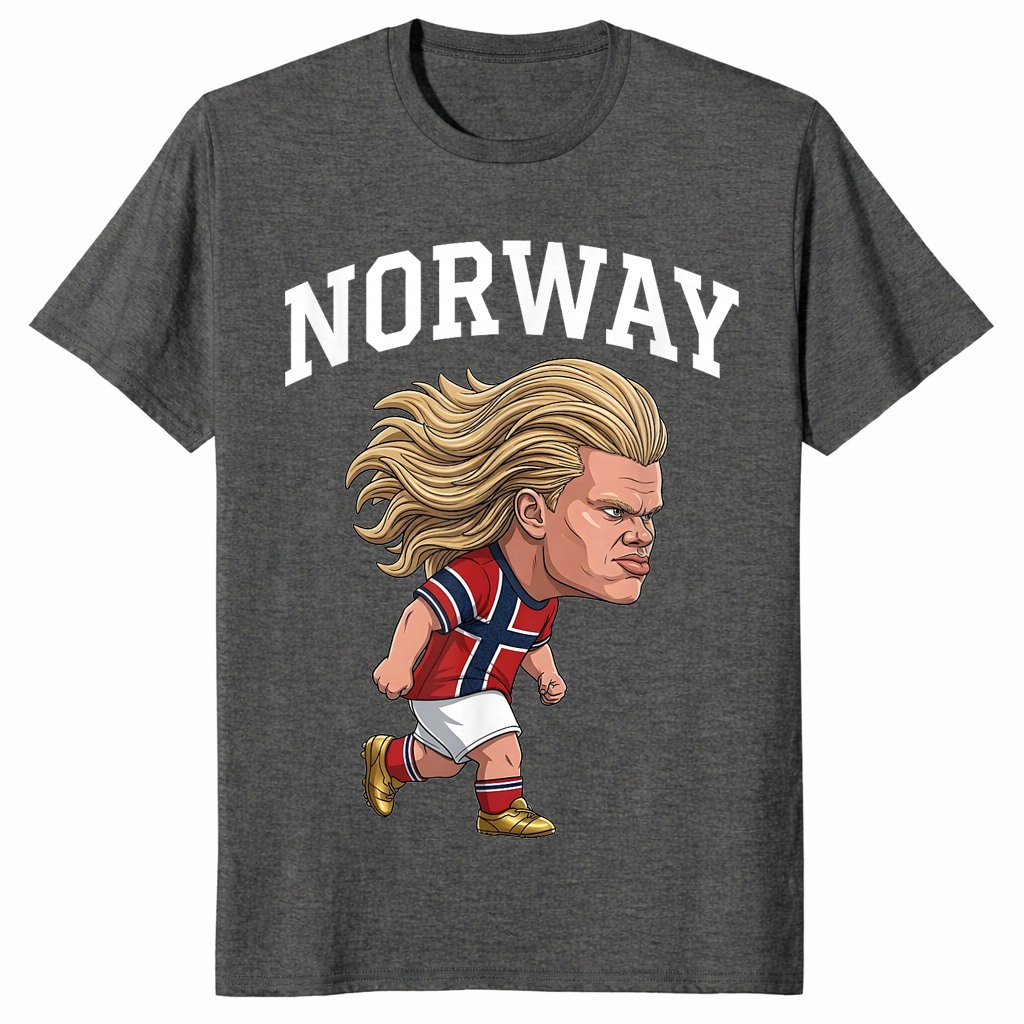 Dark Heather Norway Ro shirt with a Norwegian heritage slogan graphic for men and women