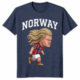 Heather Navy Norway Ro shirt with a Norwegian heritage slogan graphic for men and women