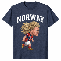 Heather Navy Norway Ro shirt with a Norwegian heritage slogan graphic for men and women