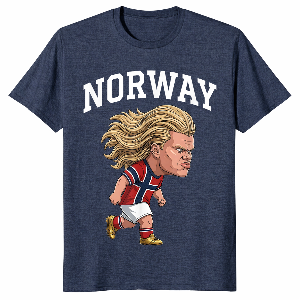 Heather Navy Norway Ro shirt with a Norwegian heritage slogan graphic for men and women