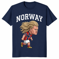 Navy Norway Ro shirt with a Norwegian heritage slogan graphic for men and women
