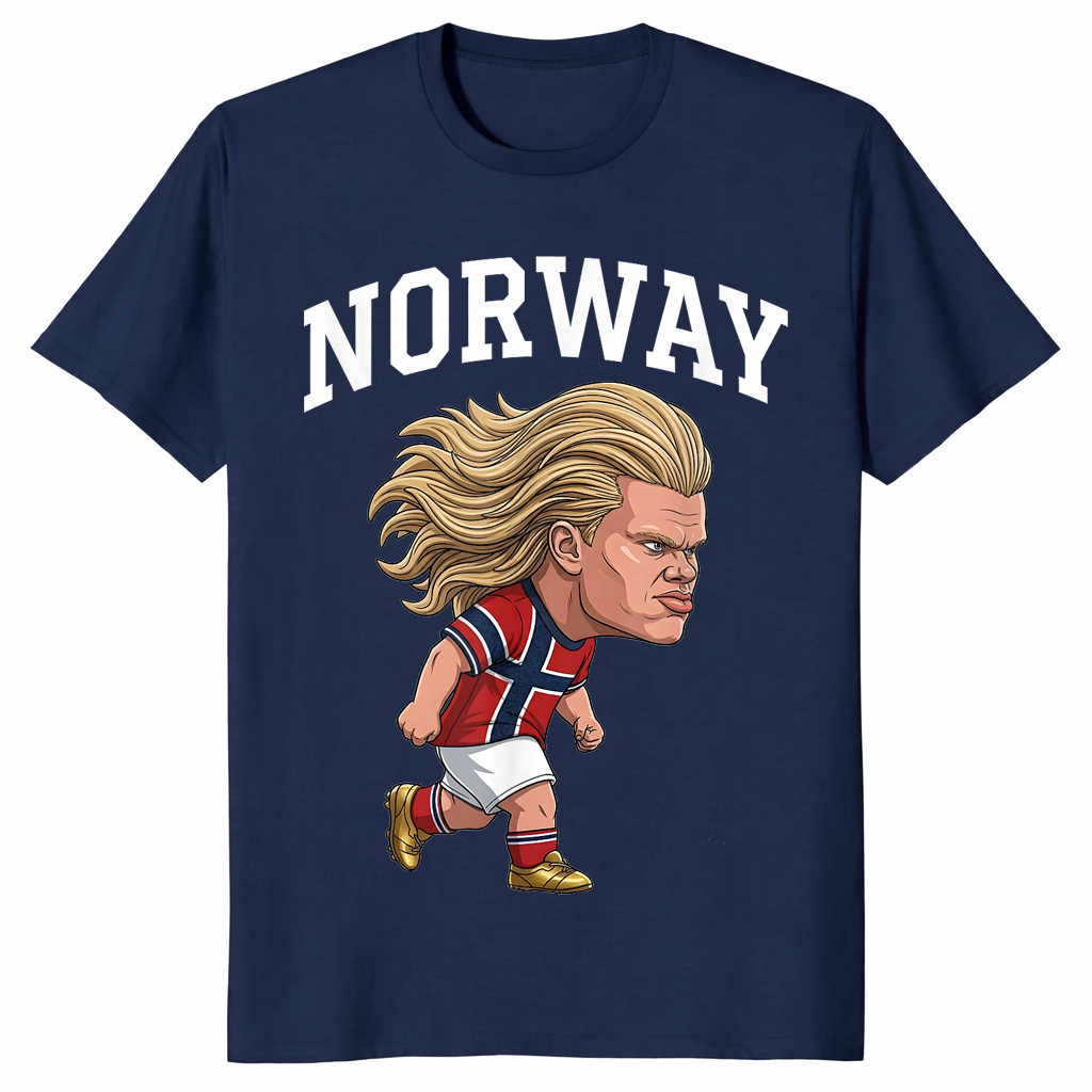 Navy Norway Ro shirt with a Norwegian heritage slogan graphic for men and women