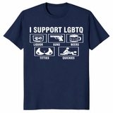 Funny I Support LGBTQ shirt lifestyle image for novelty graphic tee shoppers
