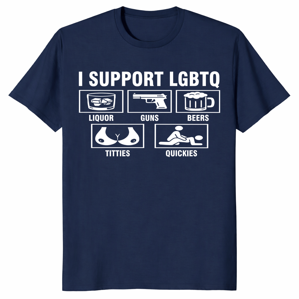 Funny I Support LGBTQ shirt lifestyle image for novelty graphic tee shoppers