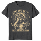 Dark Heather Grey OMG You Guys Jesus shirt with a funny Christian faith humour graphic