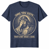 Heather Navy OMG You Guys Jesus shirt with a funny Christian faith humour graphic