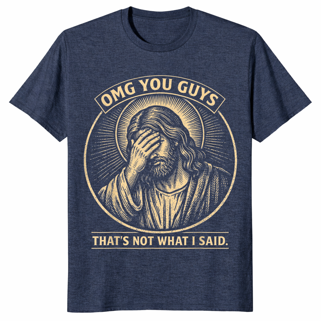 Heather Navy OMG You Guys Jesus shirt with a funny Christian faith humour graphic