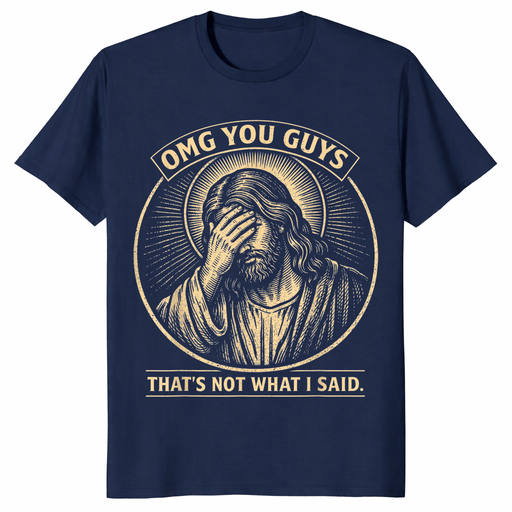 Navy OMG You Guys Jesus shirt with a funny Christian faith humour graphic