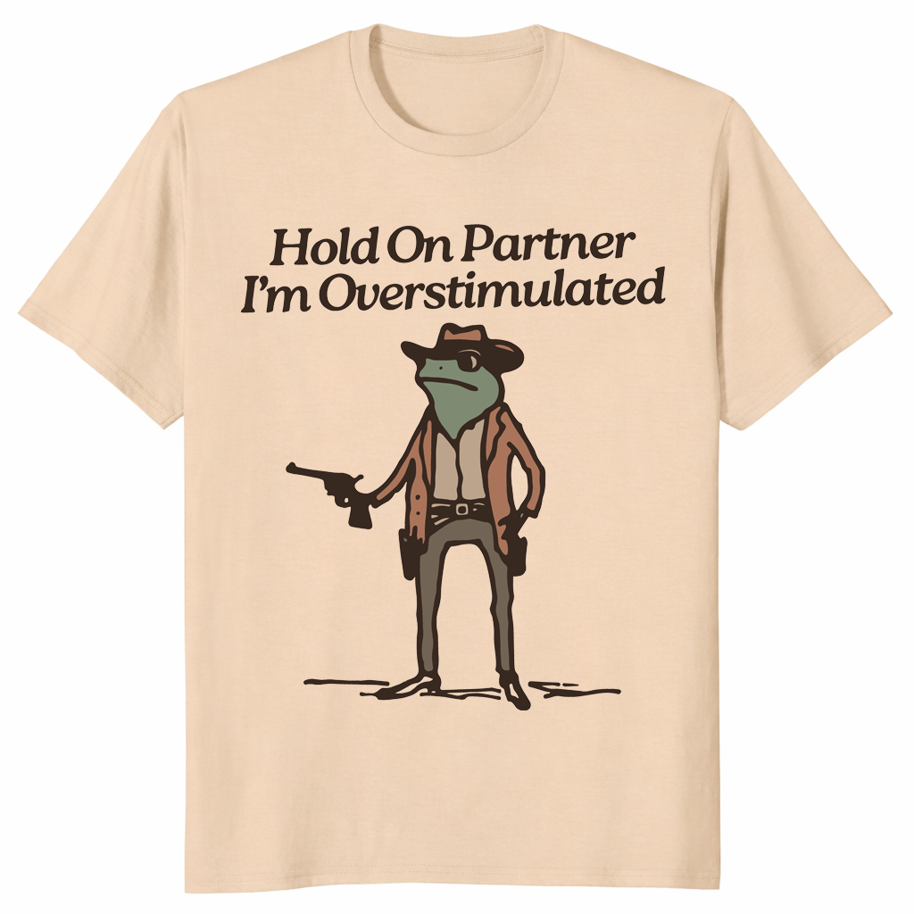 Overstimulated cowboy frog shirt in sand