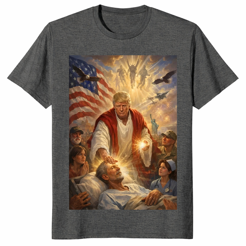 Patriotic Christian shirt in dark heather with bold faith and patriotism graphic