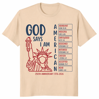 Patriotic Christian shirt featuring Statue of Liberty and God Says I Am American graphic