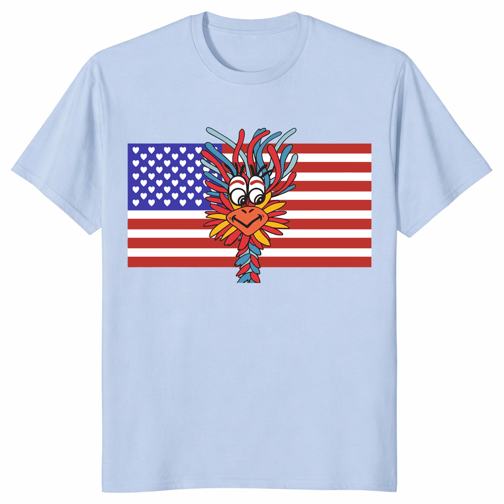 Patriotic Gooney Bird American Flag T Shirt in light blue with funny patriotic bird artwork