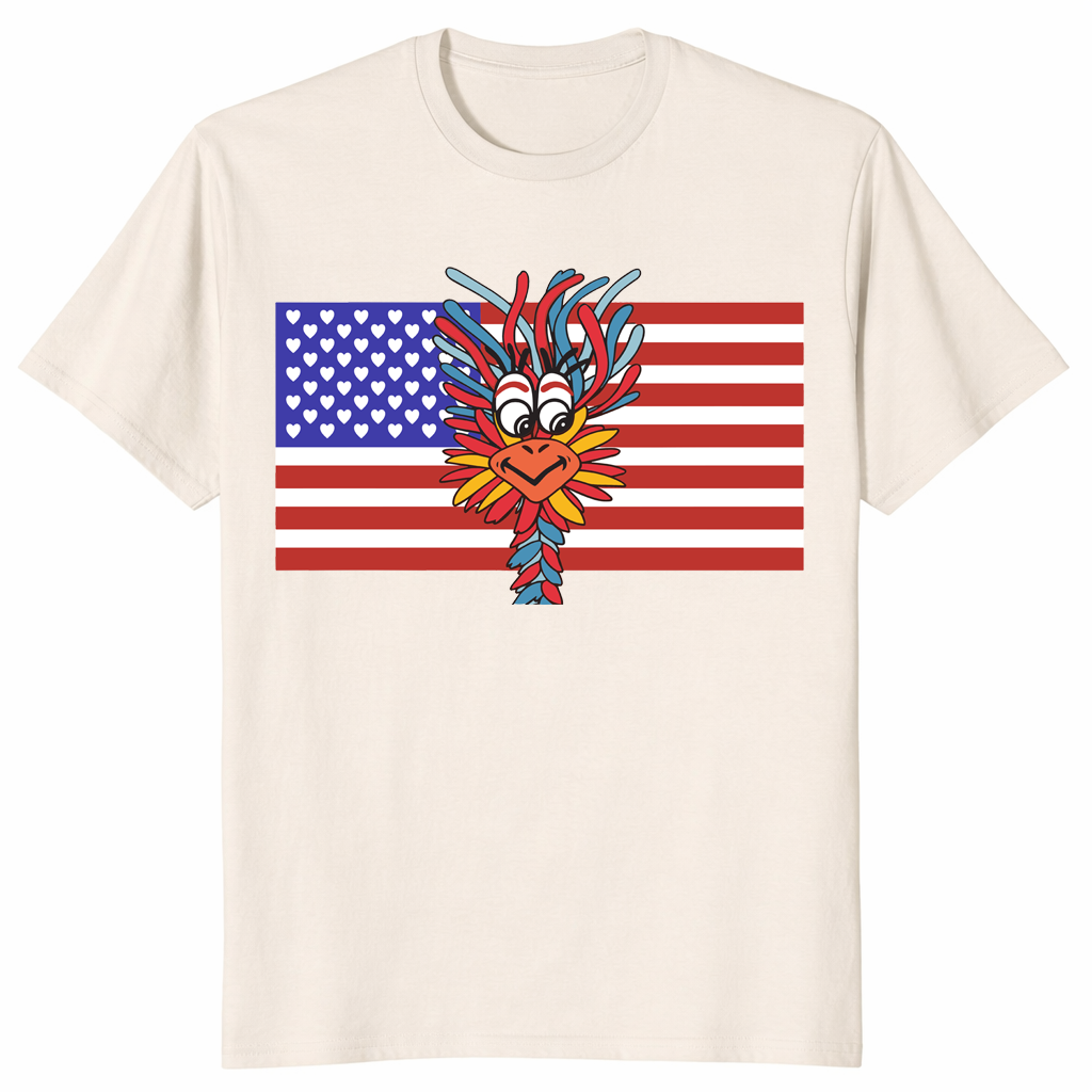 Patriotic Gooney Bird American Flag T Shirt in natural with colorful funny bird design