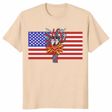 Patriotic Gooney Bird American Flag T Shirt in sand featuring colorful patriotic bird design
