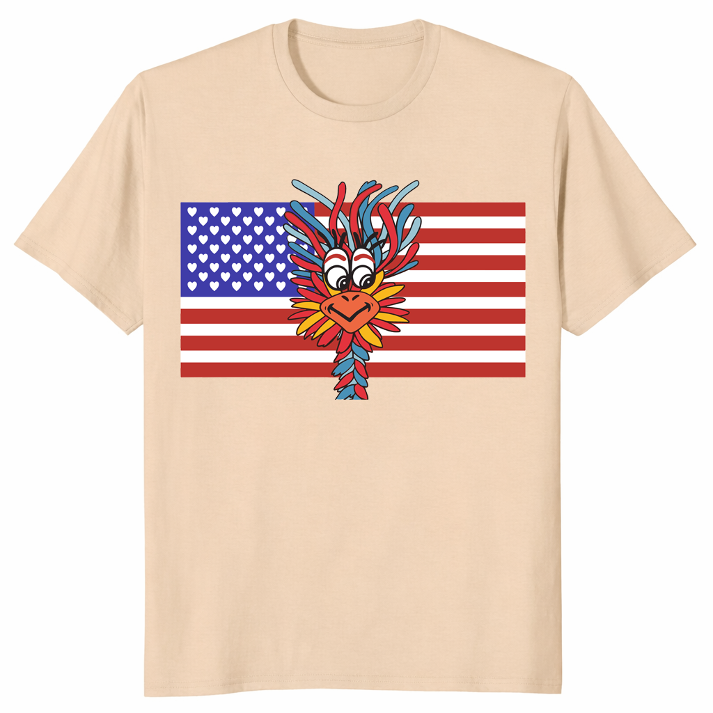 Patriotic Gooney Bird American Flag T Shirt in sand featuring colorful patriotic bird design