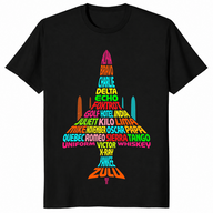 Phonetic alphabet shirt in black, jet shape built from rainbow code words