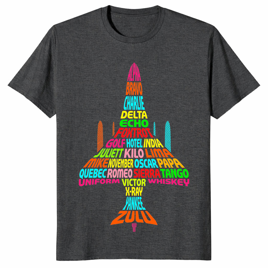 Phonetic alphabet shirt in dark heather grey, jet shape built from rainbow code words