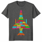 Phonetic alphabet shirt in dark heather, jet shape built from rainbow code words