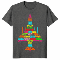 Phonetic alphabet shirt in dark heather, jet shape built from rainbow code words