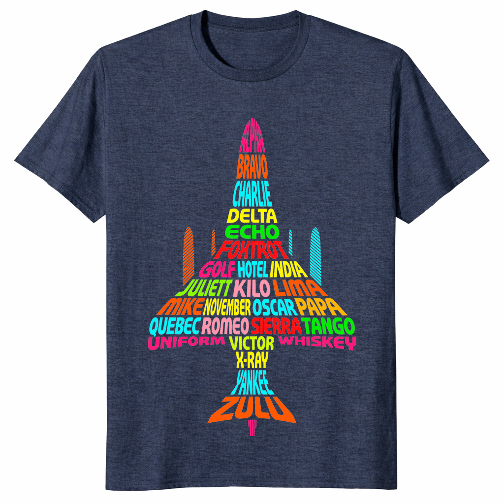 Phonetic alphabet shirt in heather navy, jet shape built from rainbow code words